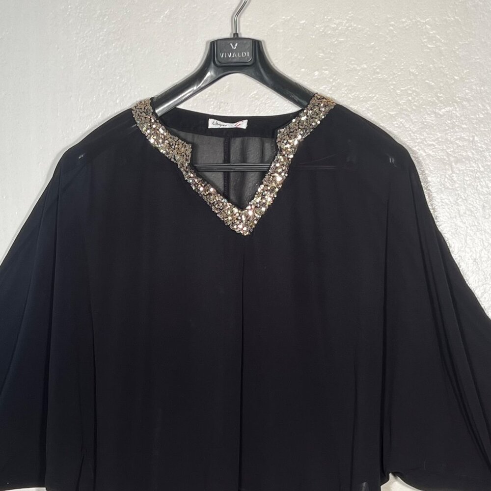 Umgee S Black Batwing Gold Sequin Top USA Sheer Layering Fairy Goth Whimsical - Picture 4 of 16